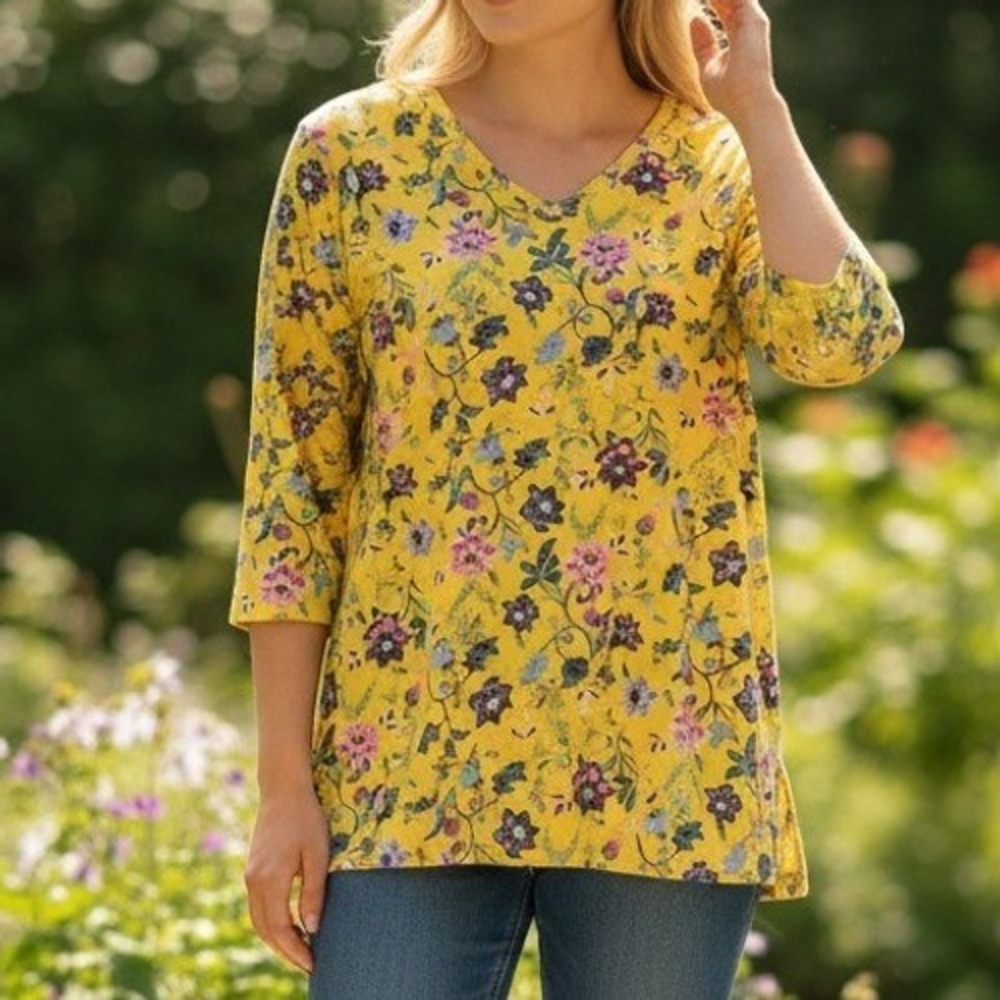 Woman Within Tunic 18/20 L Yellow Floral V-Neck 3/4 Sleeve Cotton 90763